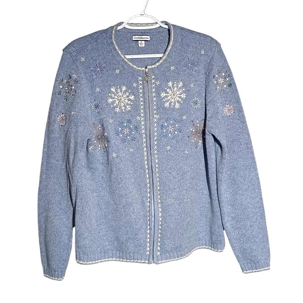 Croft & Barrow Womens Blue Snowflake Embroidered Full Zip Knit Cardigan M Retro